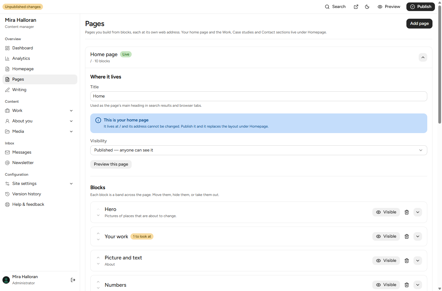 The Pages screen in the admin. One page listed, 'Home page', marked Live with ten blocks, expanded to show its title, its address, a visibility control and the list of blocks.