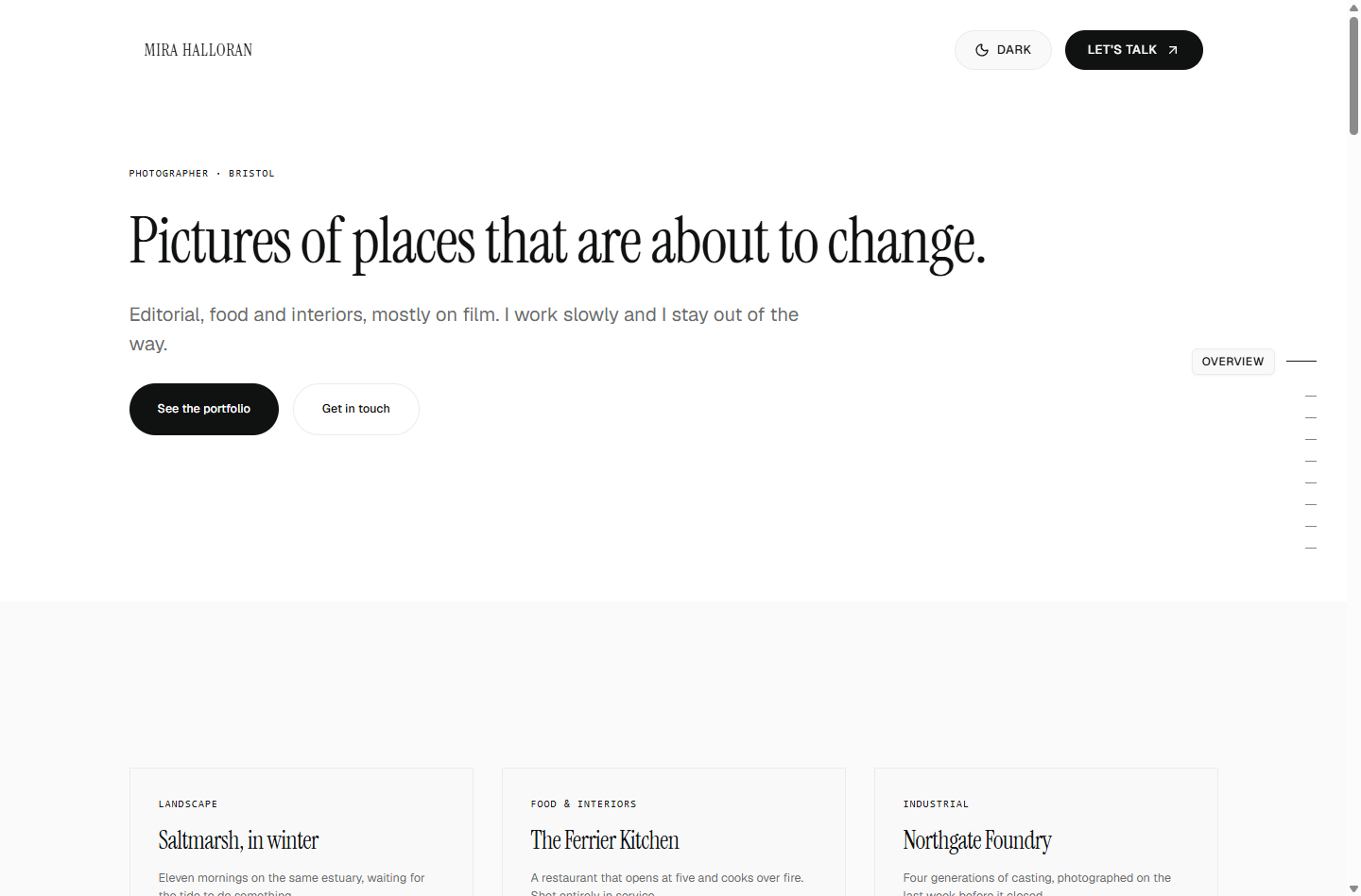 A photographer's home page: the name top left, a headline reading 'Pictures of places that are about to change', a supporting line, two buttons, and a row of three project cards below.